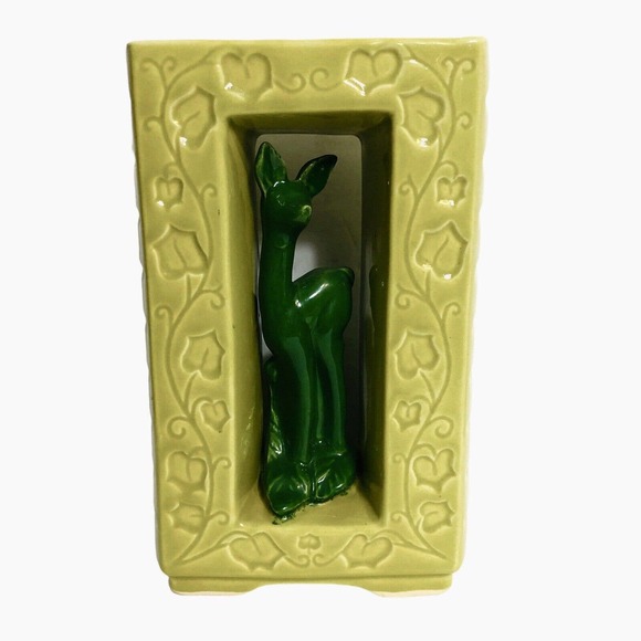 Vintage Shawnee Pottery Double Vase 850 Chartreuse Green Deer Ivy Mid Century - Picture 2 of 11